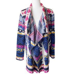Pink Owl Open Cardigan Pink Blue White Tribal Print Size Medium